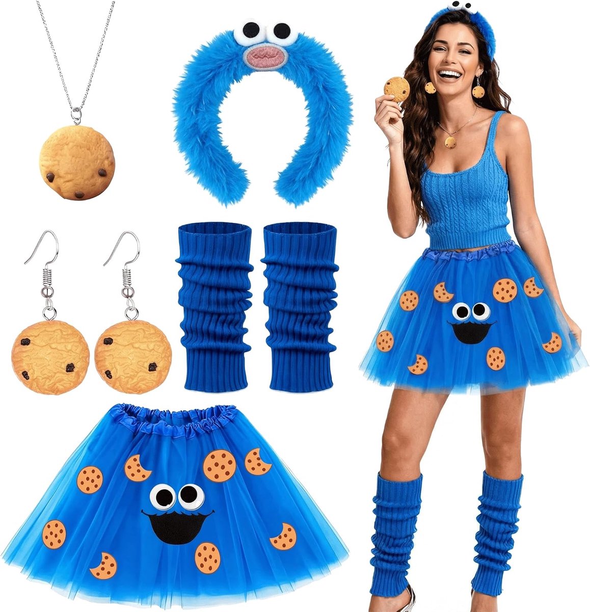 Kostuum Cookie Monster Dame Sets | Hoofdband + tule rok blauw koekjes (45 cm) + koekjes oorbellen halsketting + stickers voor carnaval, maskerade, cosplay