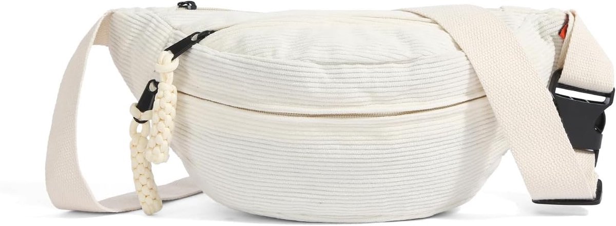 riemtas voor dames en heren, corduroy bumbags voor dames, crossbody tassen, heuptas, borsttas, schoudertas met verstelbare riem, Crème-kleur, 33 x 16 x 9 cm