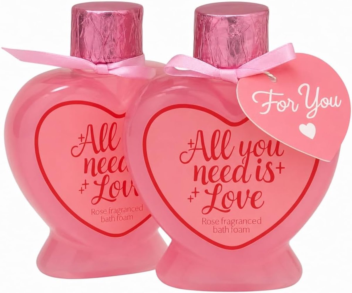 Badschuim All you need is Love – elk 200 ml rozengeur – hartvormige fles navulbaar met strik – cadeau-idee voor badkamer & wellness