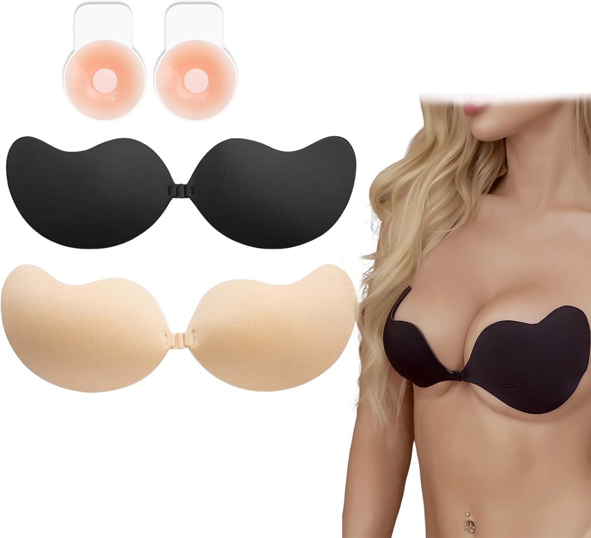 Push Up Pads 3 paar onzichtbare borstlift tape set, ademend huidskleur zwart roze, herbruikbaar siliconen bh stickers voor dagelijks gebruik en feest