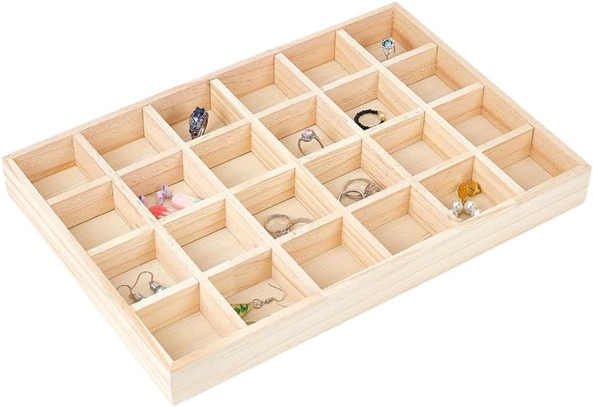 PandaHall 24 vakken sorteervak roosterdisplay houten organizer met onderverdelingen 35,7 x 24 x 3,5 cm stapelbare sieraden display dienbladen van hout vitrine displaybox voor sieraden, oorbellen