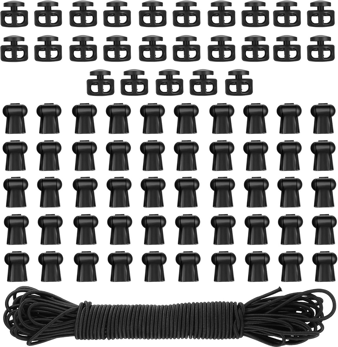 Elastische koorden 3 mm x 15 m: 25 stuks veer tuimelstoppers sluiting schuifregelaar met bungeekoorden en 50 stuks staartschakelaars voor koordstopper tuimelschakelaar
