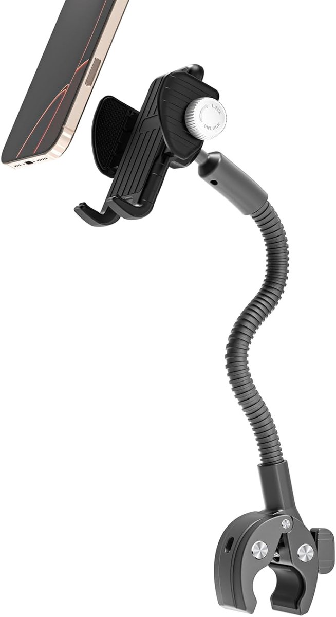 Zwanenhals Rolstoel & Kinderwagen, Draagbare StuurTelefoonhouder voor Oefenfiets/Fiets/Tredmol, Compatibel met iPhone 16 Pro Max/15/14/13/12, Android en alle smartphones