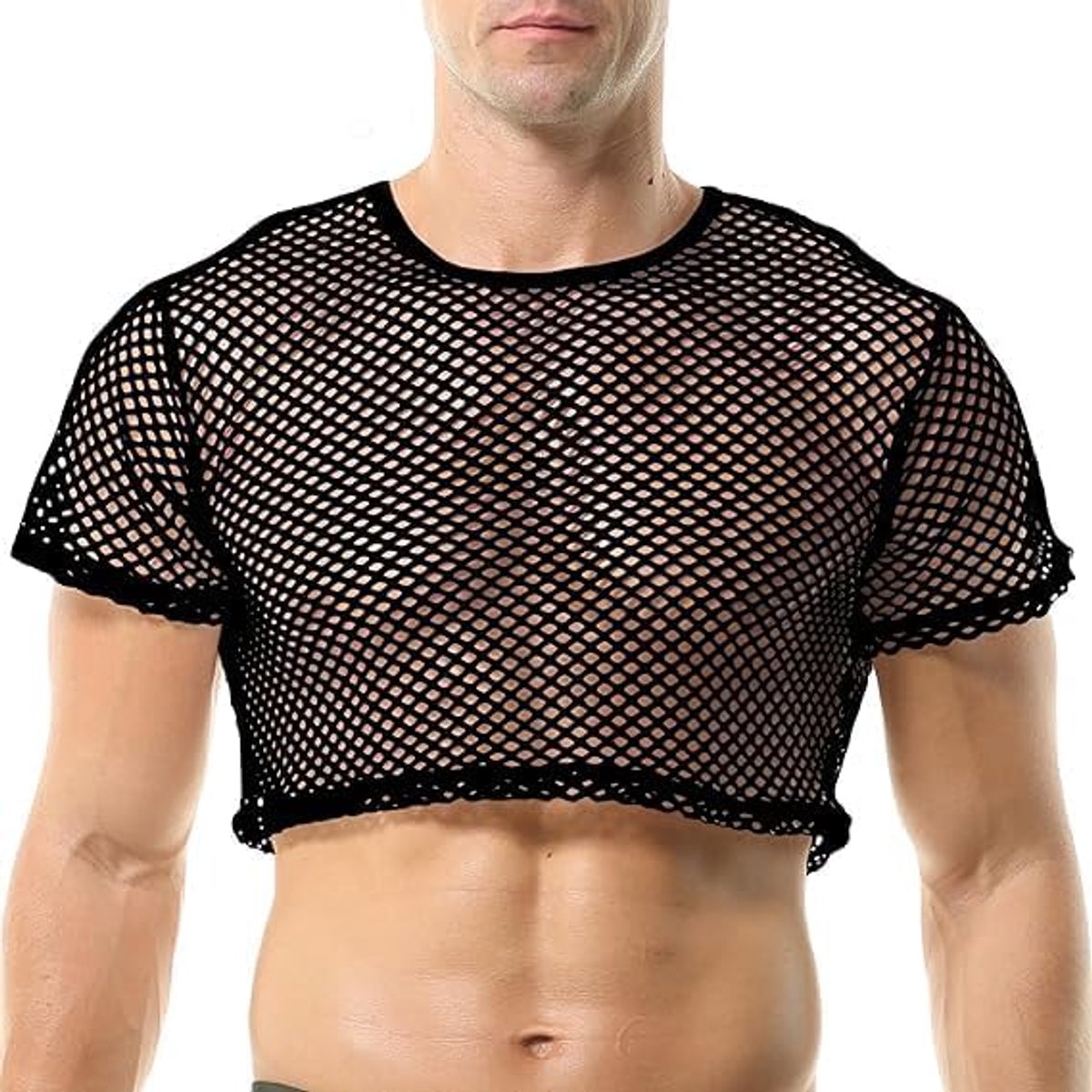 Heren mesh overhemd spier transparant korte mouwen shirts netshirt nethemd sexy ondergoed