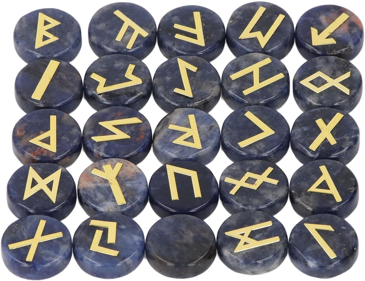 25-Delige Zwarte en Blauwe Runenstenen Set, Gegraveerde Meditatiestenen voor Hekserij en Beginners