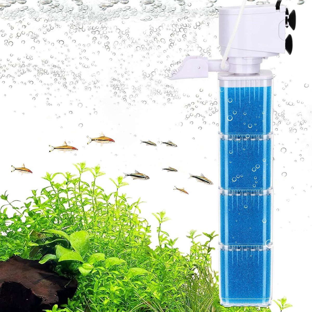 fishkeeper 4-in-1 aquariumbinnenfilter, meertraps filtering, aquariumfilter met instelbare doorstroming, zuurstof en wavemaker, herbruikbare filterspons, aquariumpomp voor zoet en zout