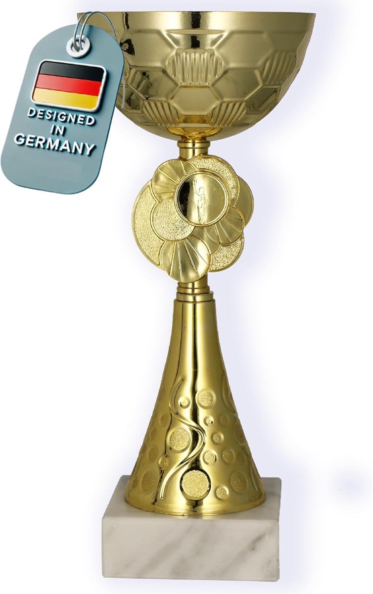Trofee (20 cm, 245g) – Personaliseerbare Beker van Metaal met Stenen Voet – Perfect voor Toernooien, Voetbal, Kinderfeestjes, Teams & Prijzen – Model M2