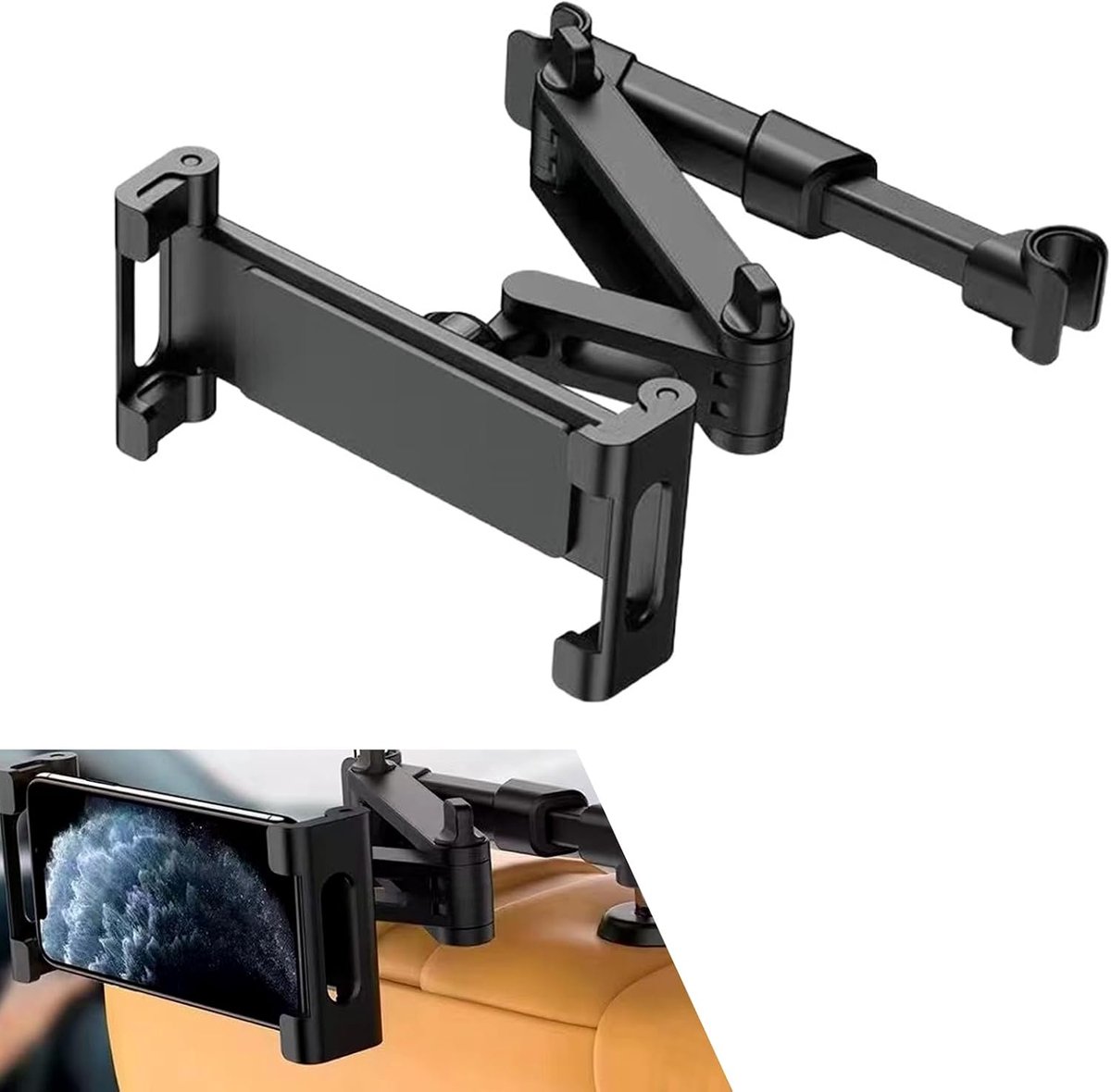 KZQ 3-in-1 verstelbare tablet houder voor hoofdsteun - Geschikt voor tablets 5,3-10,6 inch - Ideaal voor films games en chatten tijdens roadtrips - Zwart