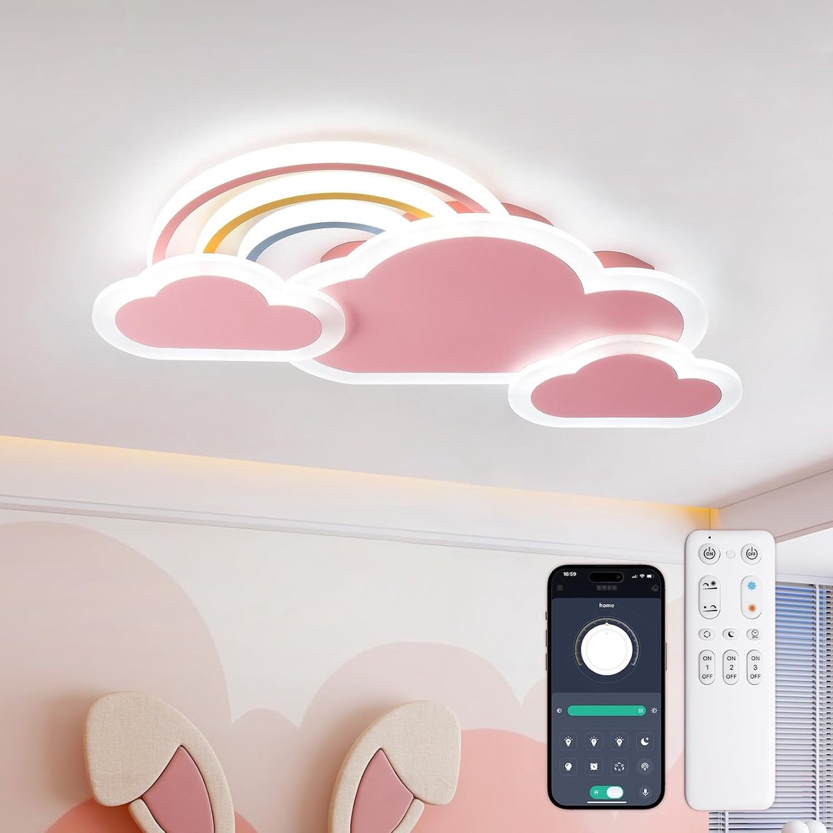 Dimbare Plafondlamp kinderkamer, 55cm/30W Creatieve Regenboog wolken Plafondlamp, met afstandsbediening＆APP, voor Jongens- En Meisjesslaapkamer, kleuterschool, Roze