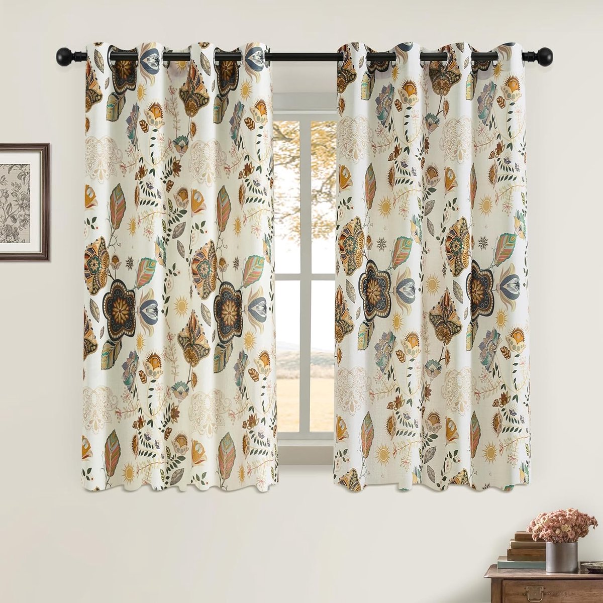 Retro bloemen puur linnen gordijnen 160 cm - kleurrijk bladpatroon boho-landhuis - 2 panelen lichtfilterend met inkijkbescherming voor woonkamer/slaapkamer