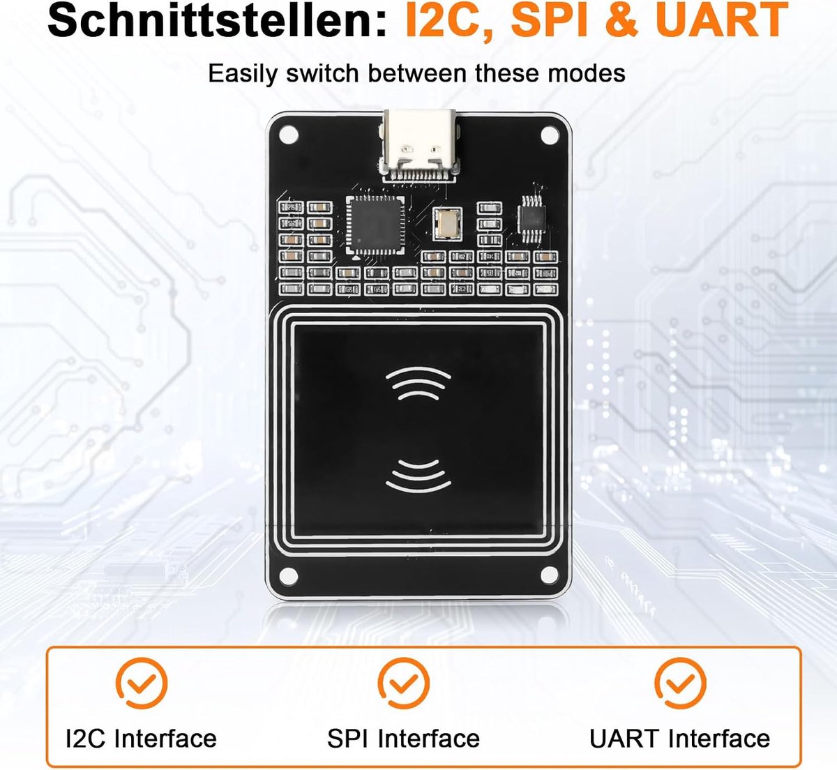 NFC RFID-module V2 Kit, NFC-lezer voor compatibiliteit ondersteunt I2C SPI HSU met bereik tot 7 cm inclusief niveaushifter compatibel met Arduino en Android