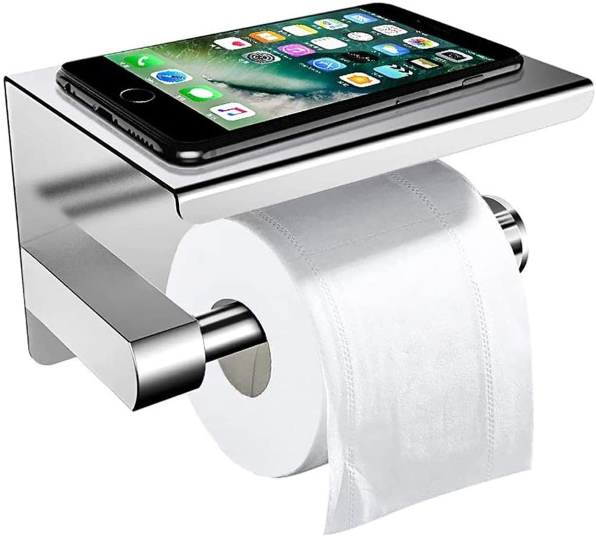 carmdering - Toiletrolhouder met Plankje - RVS Toiletpapierhouder - Zonder Boren of met Schroeven - Zelfklevend - Wandmontage - Telefoonhouder