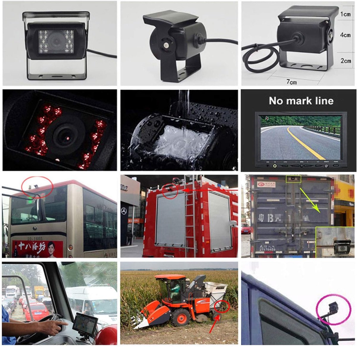 Achteruitrijcamera met 4 pins, 12 V-24 V voor zware voertuigen | vrachtwagen, 18 infrarood leds, nachtzicht, waterdicht, achteruitversnelling, 15 m lange 49-polige kabel