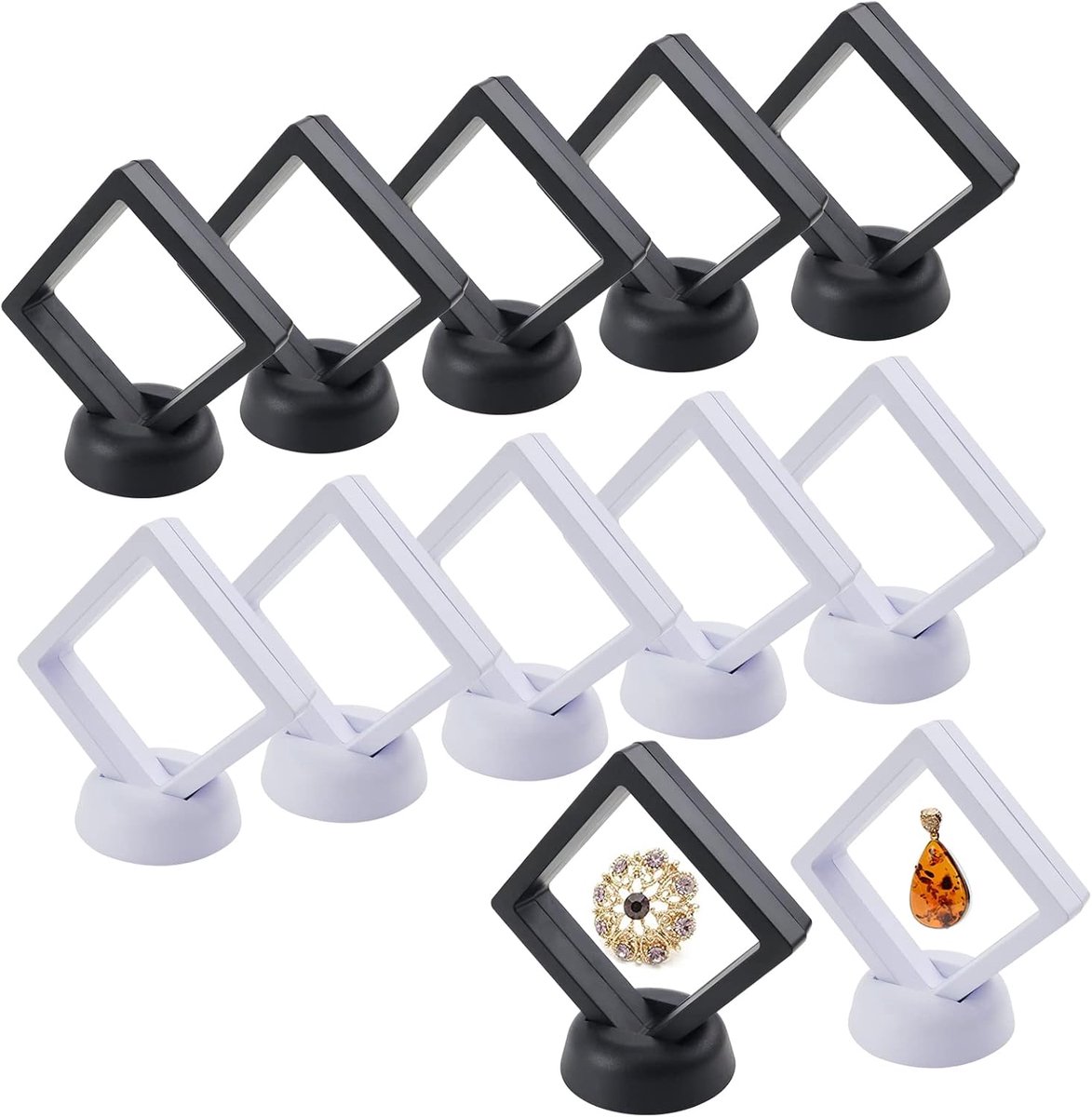 12 stuks Muntframe drijvend frame, 3D zwevend frame met 12 stuks basis vitrinekast zwevend frame voor ringen, sieraden, armbanden en hangers, munten, smaragd jade