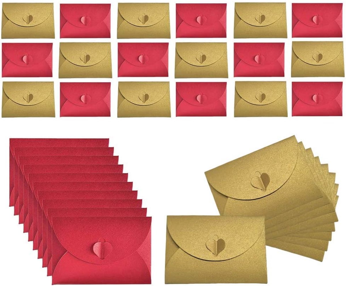 50 STKS Kraftpapier Enveloppen Mini Handgemaakte Rode en Gouden Enveloppen met Hartsluiting
