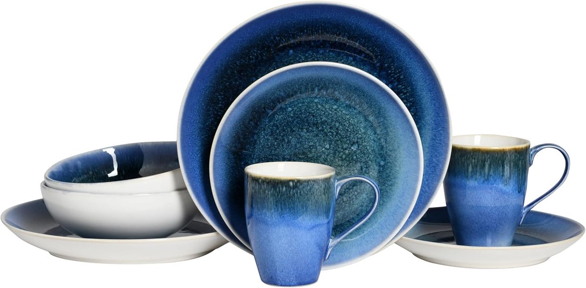 25862 Caldera Blue Serviesset, 8-delige serviesset, combiservies van aardewerk, vaatwasser- en magnetronbestendig, kwaliteitsproductie