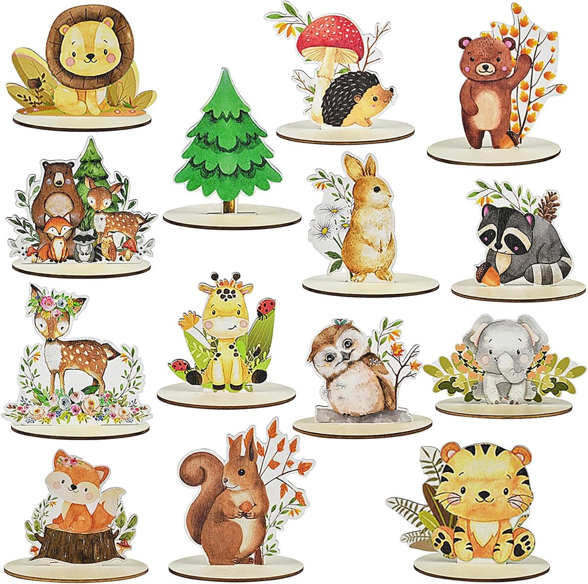 Decoraties voor bosdieren, taartdecoraties van hout, decoratieset voor bosdieren, verjaardagsdecoratie, thema bosdieren, cake, tafeldecoratie voor feestjes (14 stuks)