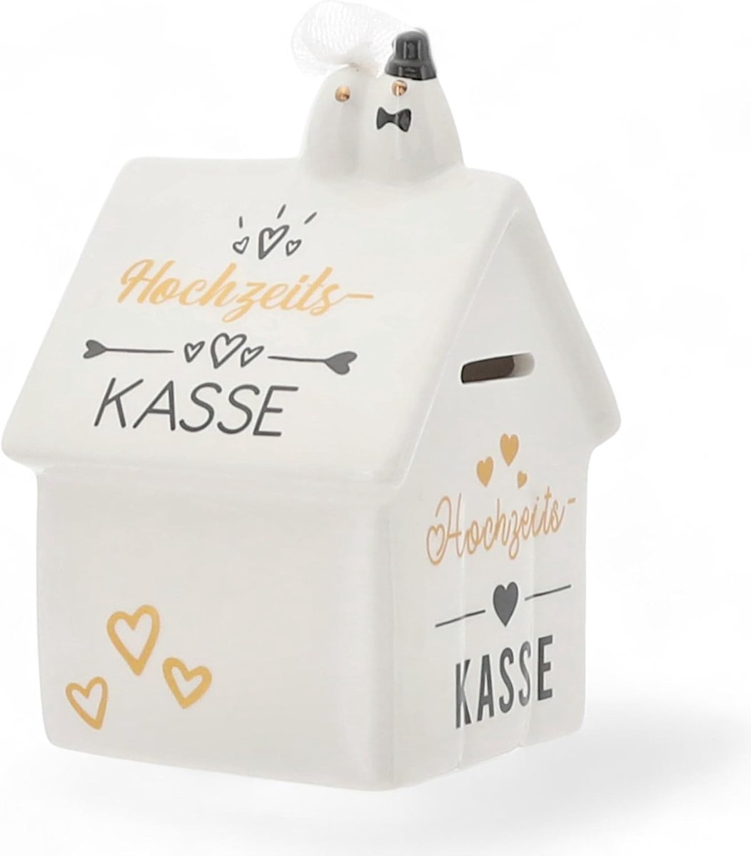Bruiloftspaarpot voor huwelijksbesparing: Originele spaarpot met slot, Just Married in keramiek – Perfect voor echtparen en spaarders (Bruiloftshuis)