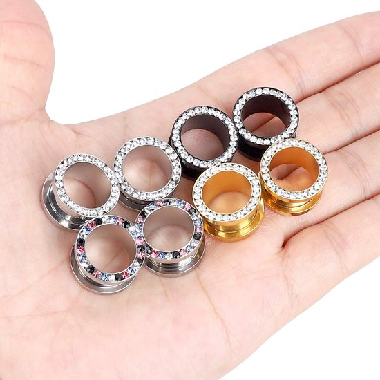 Tunnels, 8 stuks roestvrij staal, schroefsluiting met edelstenen, piercing, sieraden, 6 mm - 16 mm, Roestvrij staal, Kubieke zirkonia — afbeelding 3