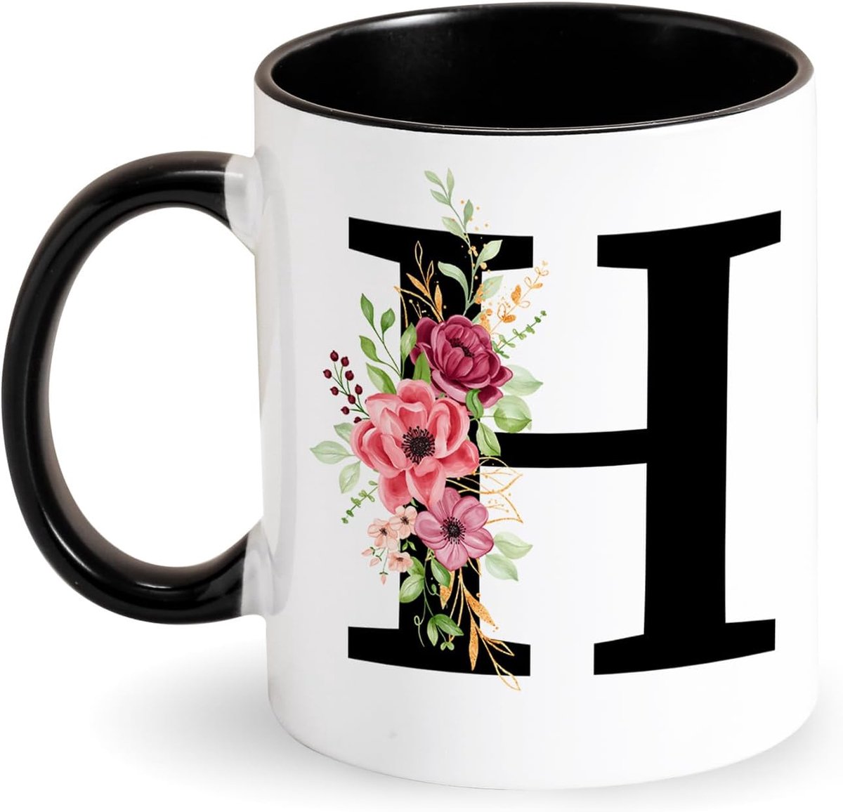 Initiaal Mok met Letter en Bloemen Keramische Mok 350ML Initiaal Mokken Zwarte Koffiemokken Originele Geschenken voor Vrouwen, Collega's, Vrienden op Verjaardag (H)