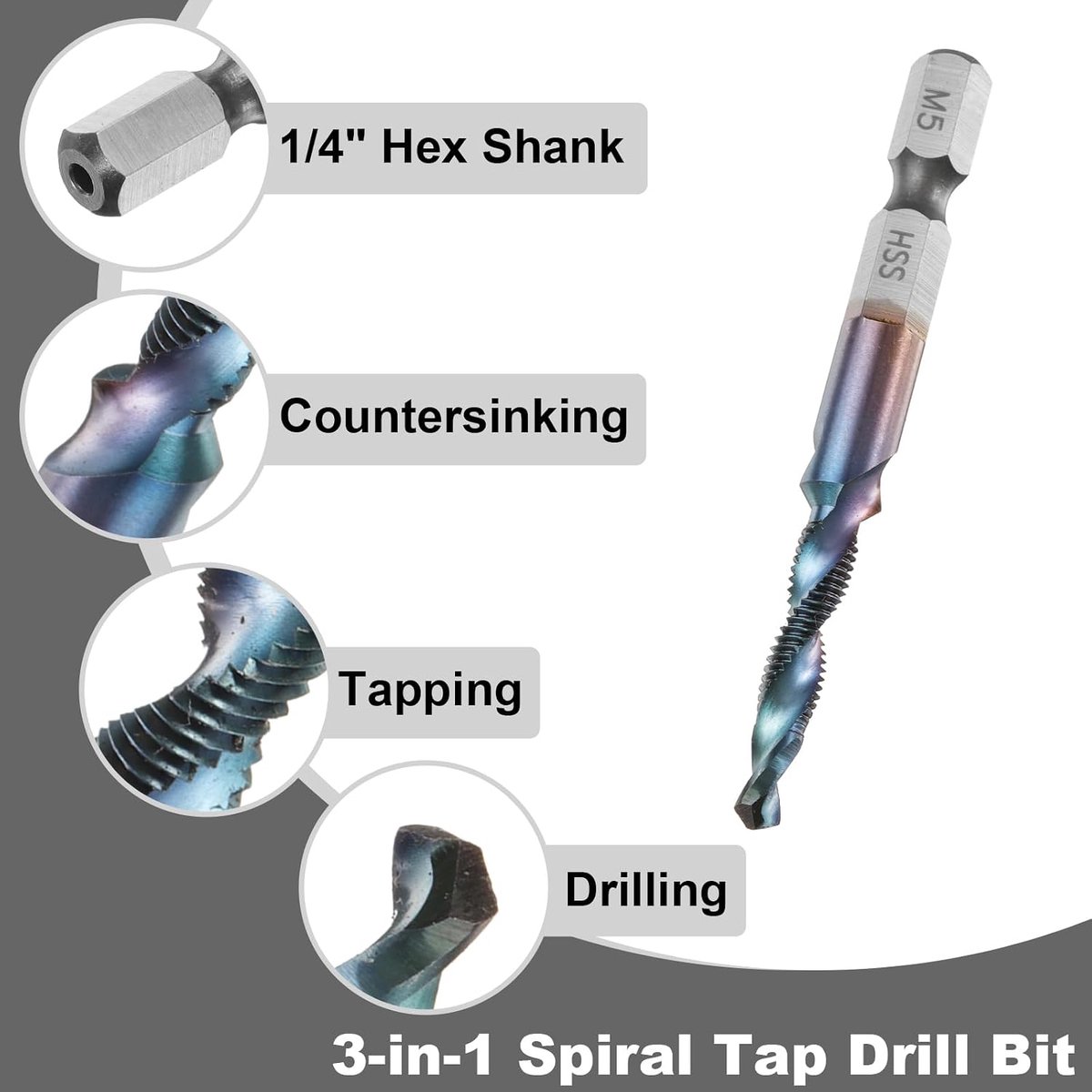 Combinatie boor en metrische schroefdraadboor M5 x 0,8 schroefdraad 1/4 inch zeskant nano-coating blauwe schroefdraadboor voor boormachine snelstaal (HSS) 4341