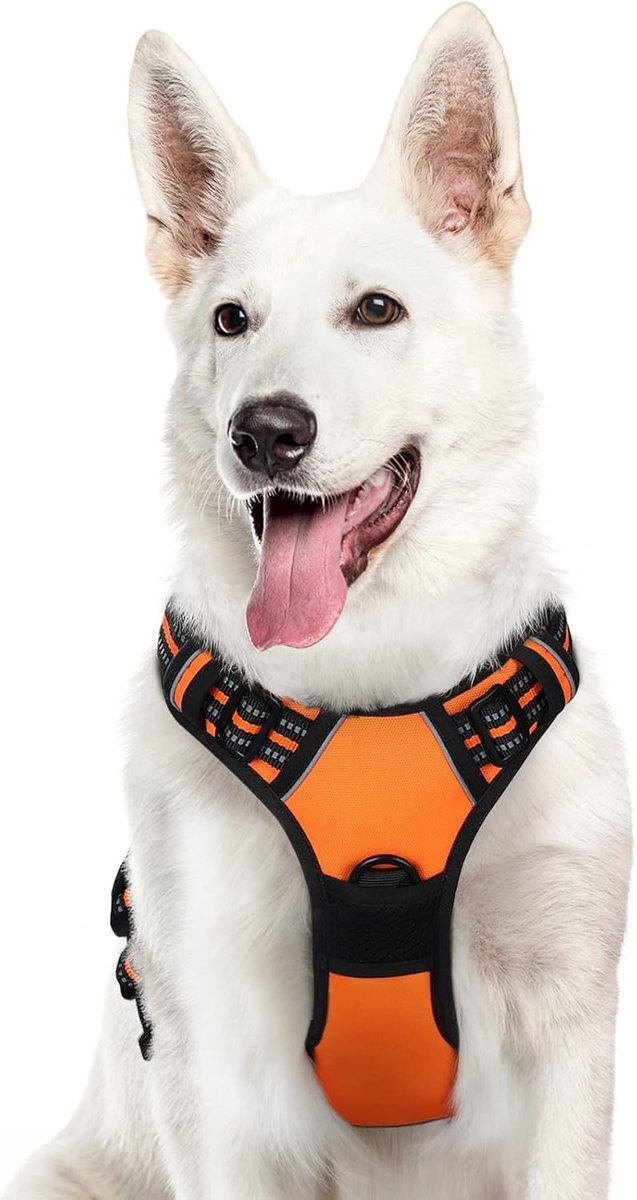 Hondentuig No Pull, Hondenharnas voor Grote Honden, Verstelbare Harnas Hond met Reflecterend Strepen, Gewatteerd Zacht Ademend, Hondentuigje Anti-trek voor Wandelen Training, Oranje XL