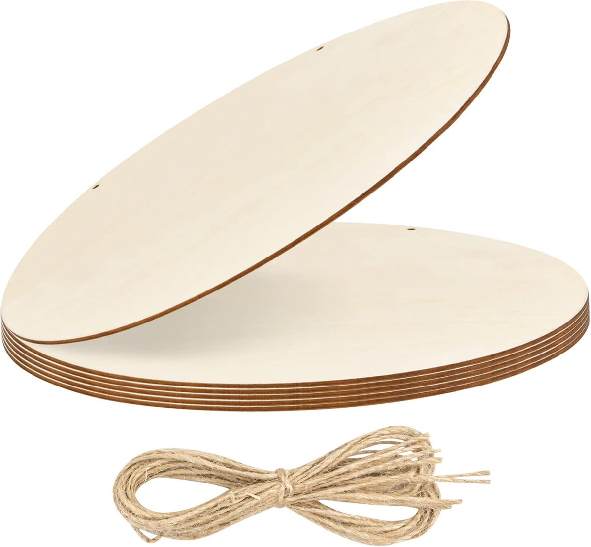 6 ruwe houten schijven, ronde houten platen, 30 cm diameter en 3 mm dik, grote cirkel natuurlijk houten schijf met gat en touw voor decoratie