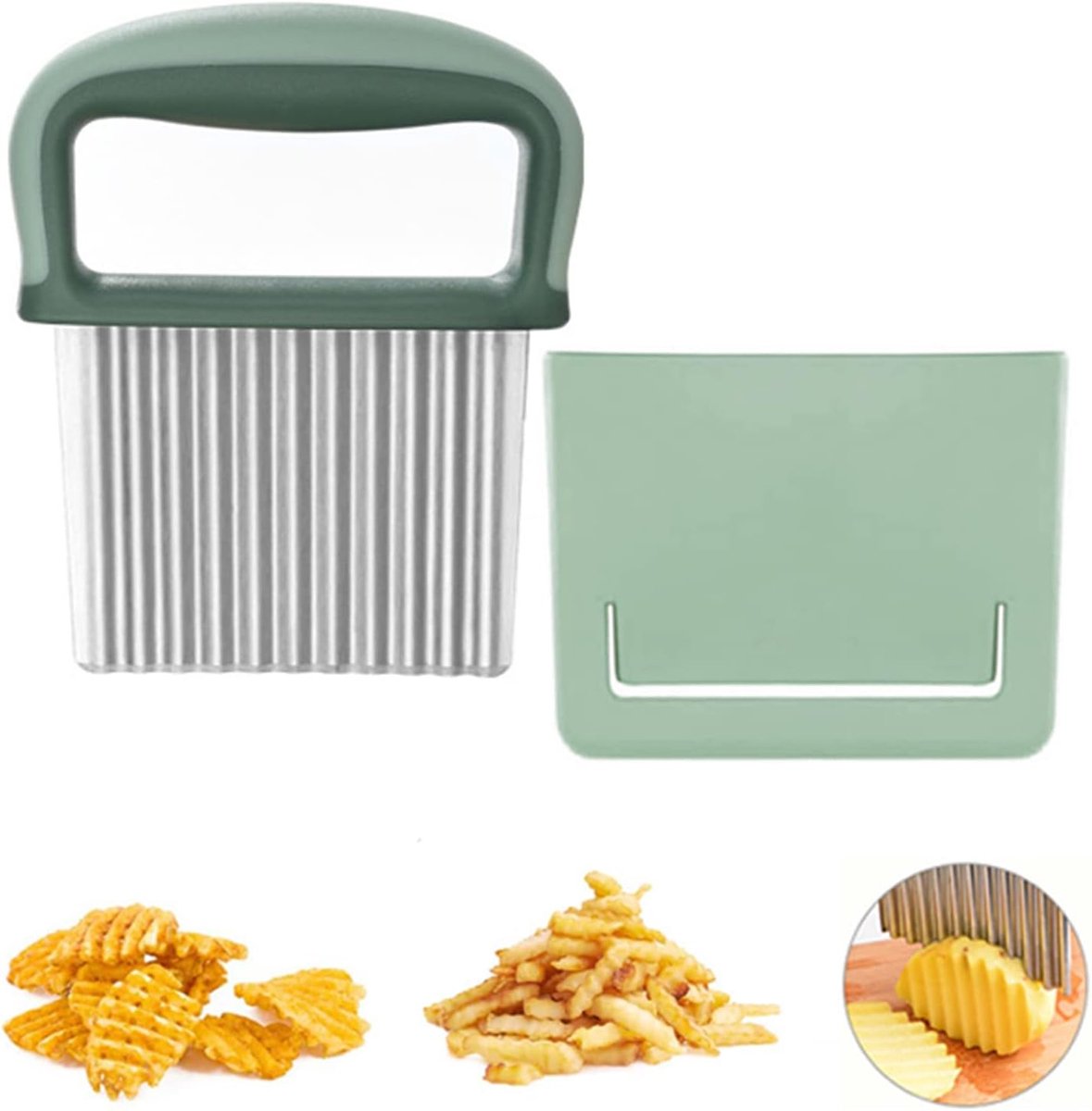 Golfsnijder groentesnijder roestvrij staal aardappelsnijder frietsnijder ribbelmes met bescherming voor groenten en fruit saladesnijder gereedschap (groen)