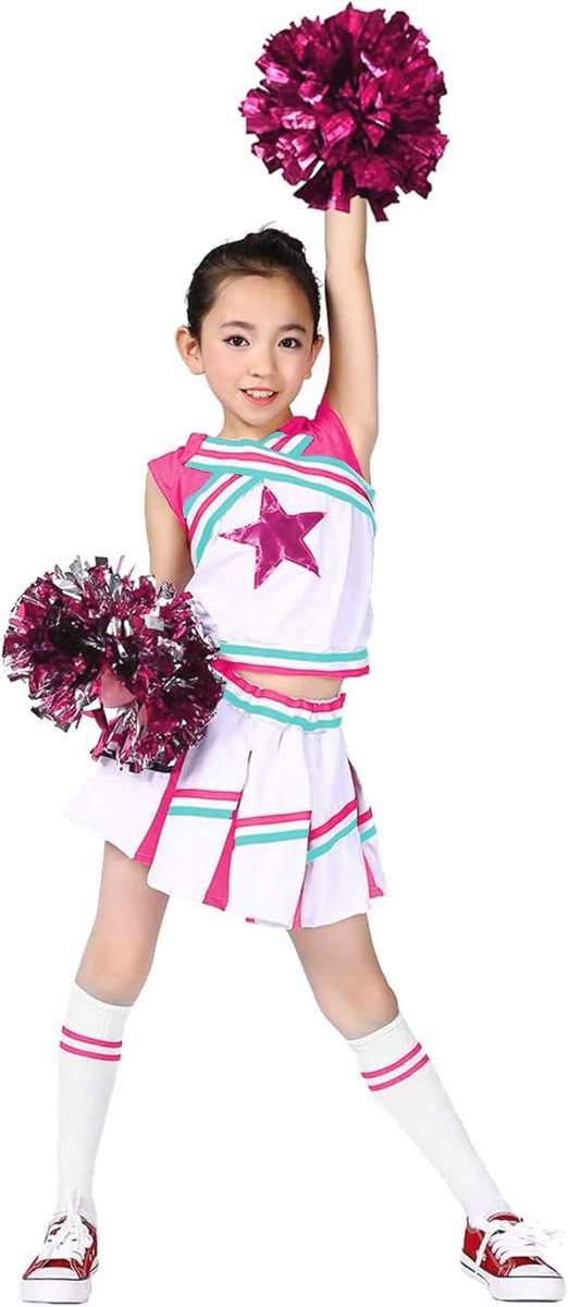 Carnavalskostuum voor meisjes, cheerleaderjurk met pompons en sokken, middelbare school, cheerleading-uniform, lichtroze, 6-7 jaar, 130