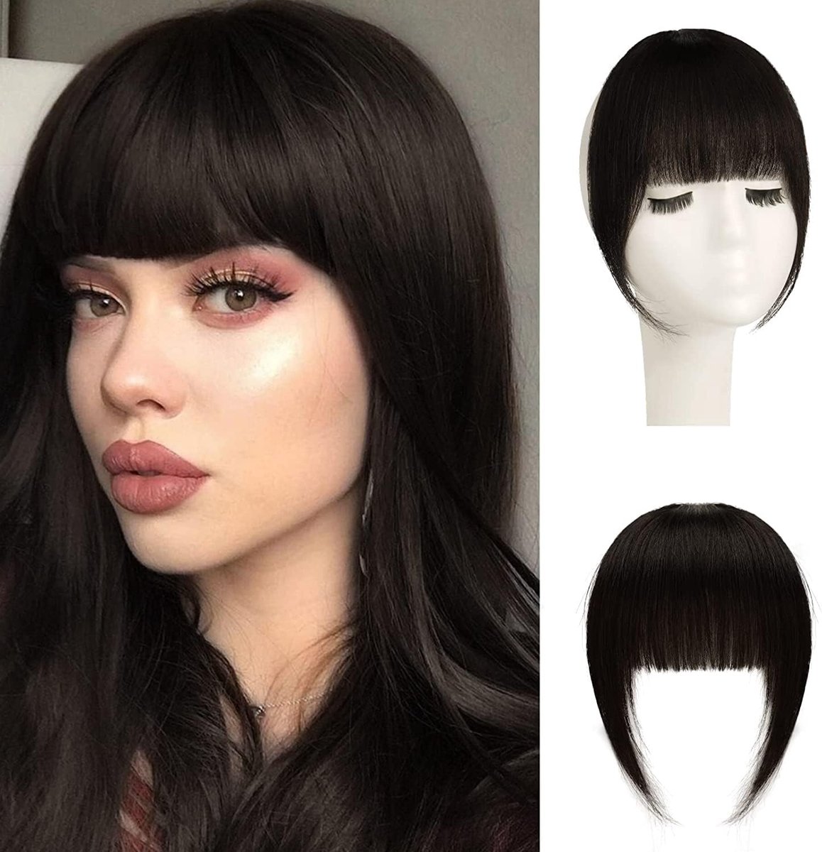 Clip in Franje 100% Echt Haar Clip in Bangs Franse pony met Temples Natuurlijke Clip in Nette pony Echt Haar Fringe Bangs voor Vrouwen - Natuurlijk Zwart