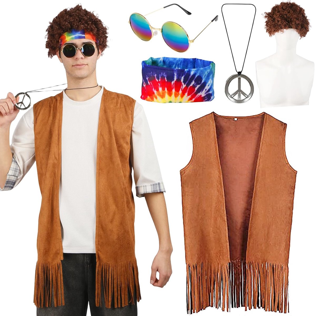 Hippiekostuum voor heren, jaren 60 en 70 outfit, herenkleding, hippie-accessoires, kleding met hippievest, bril, peace-ketting, pruik, hoofdband, disco franjevest, boho, carnavalskostuums