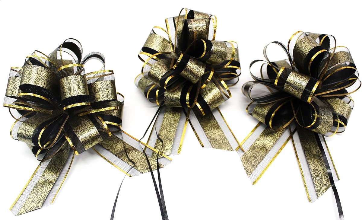 18 cm grote trekstrik, grote trekband, polyband, decoratieve strik, cadeaustrik voor geschenken voor zakjes, suikerzakken, knutselen, decoreren (zwart-gouden rand, 3 stuks)