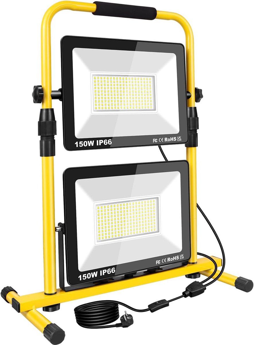 SnelShoppen - Draagbare LED Werklicht 300W met 5M Kabel & Schakelaar, 30000LM, Verstelbaar, IP66 Waterdicht, Bouwlamp voor Werkplaats, Garage, Bouwpro