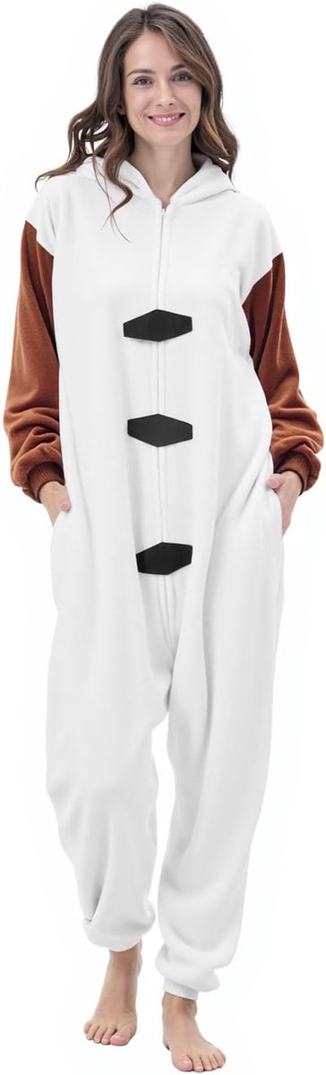 onesie pyjama voor volwassenen: dames en heren cosplay Halloween carnaval - pluche eendelig dierenkostuum pyjama (Olaf, M)