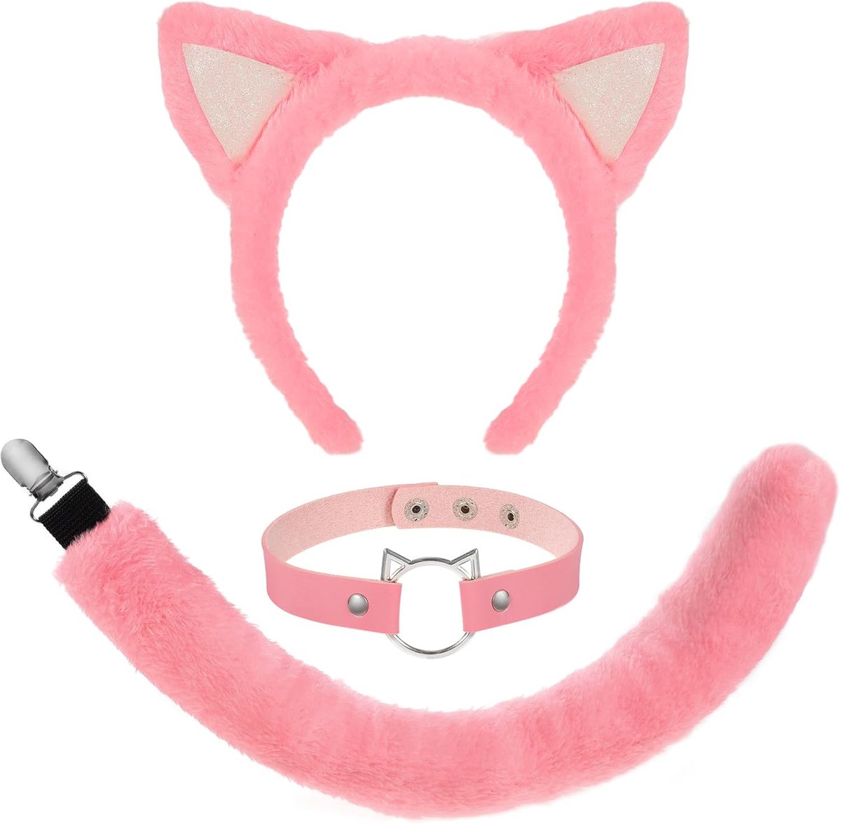 Kattenkostuumset met oren en roze kattenstaart met oren, haarband en staart voor dierenkostuum, cosplay, verjaardagsfeest, Halloween, maskerade, roze