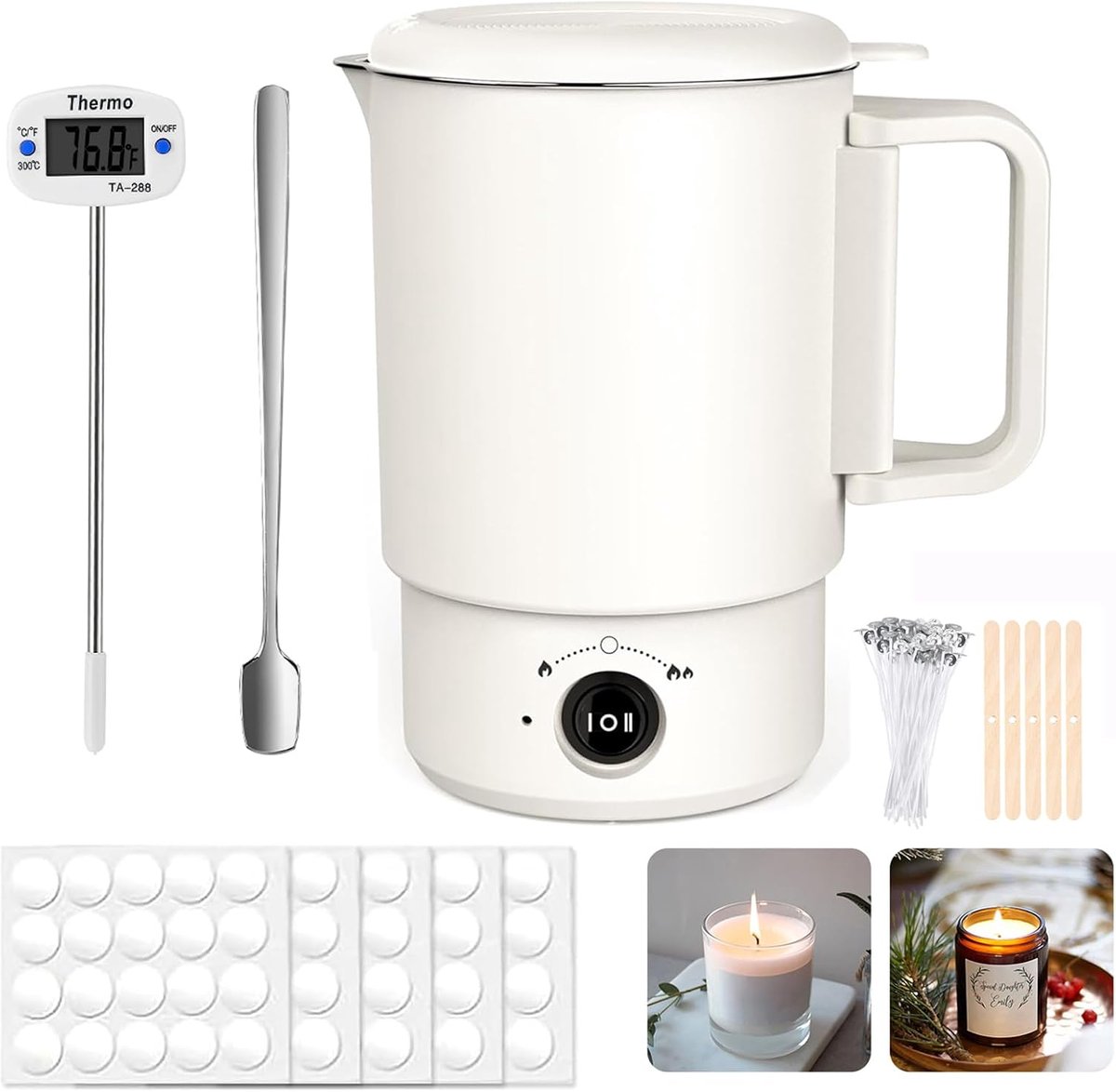 wassmelter, wassmeltpot voor het maken van kaarsen, zelf kaarsen maken, set met thermometer, kaarslontsticker, lonthouder, roerlepel, kaarsenmakingskit om kaarsen te gieten