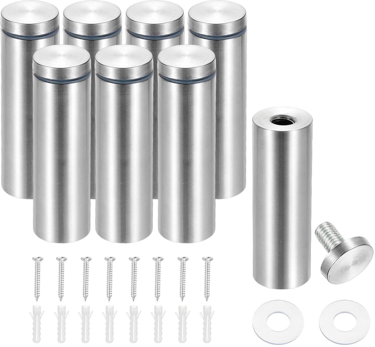 25 x 80 mm afstandsschroeven, 8 stuks roestvrijstalen wandmontage bord afstandhouders montagehardware reclamenagel voor het ophangen van acryl fotolijst, zilver
