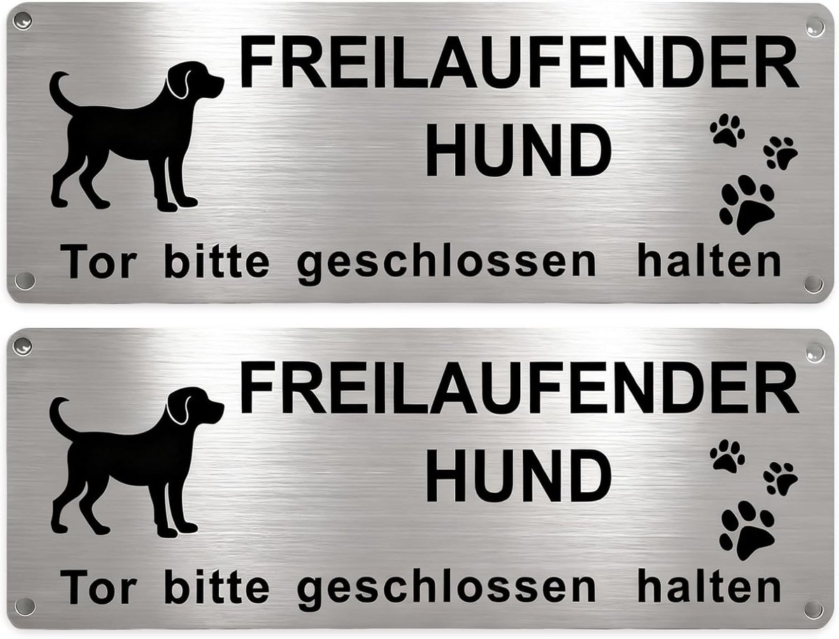 2 stuks Waarschuwingsborden "Attentie Hond" Waarschuwingsborden, Waarschuwing Vrijlopende hondenbord, aluminium waarschuwingsbord met zelfklevende achterkant en afgeronde hoeken, 25 x 9 cm, voor