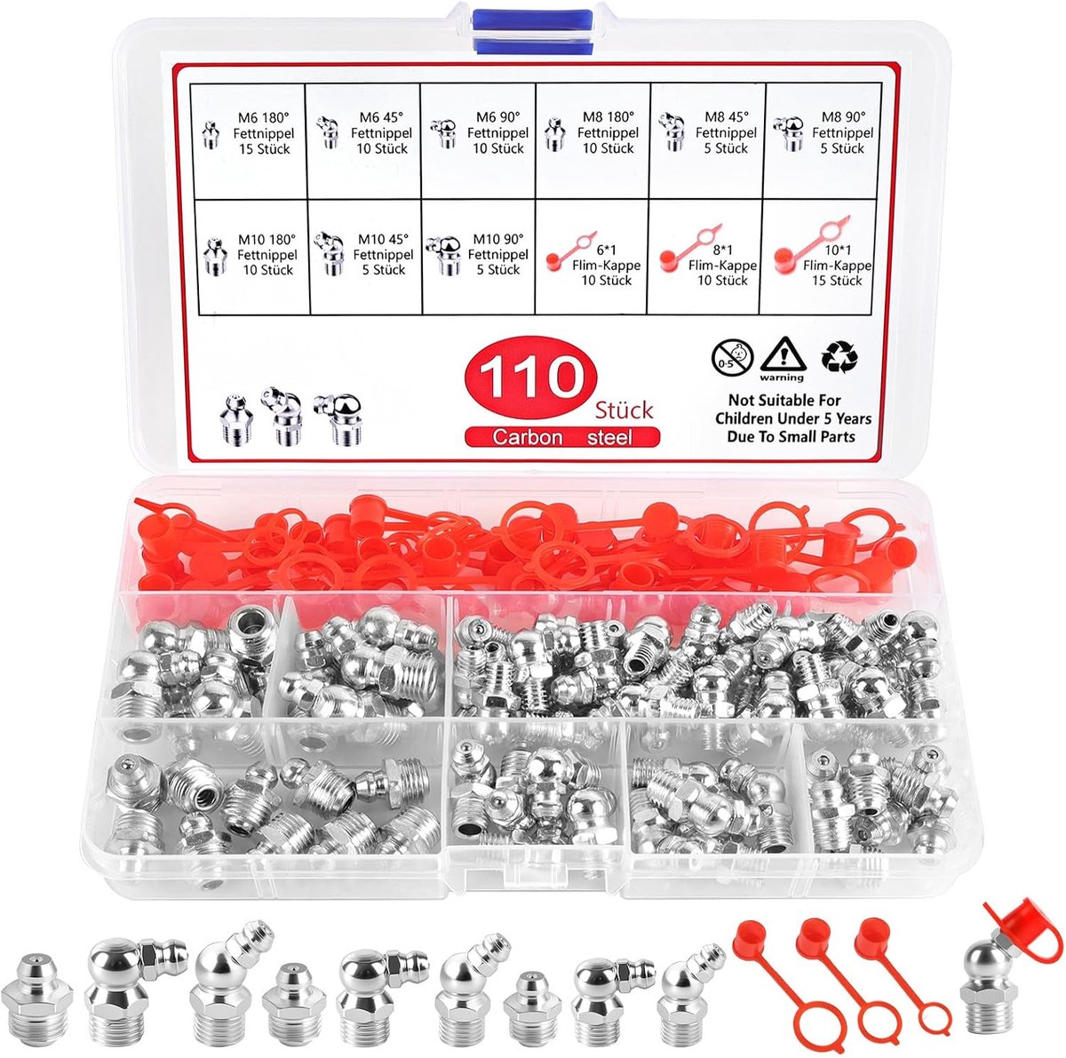 110 stuks assortiment tepels, hydraulisch vet M6, M8, M10, mannelijke schroefdraadverbindingen (recht 180°/45°/90°) met stofafdekking voor auto's, tractoren en industriële landbouwapparatuur