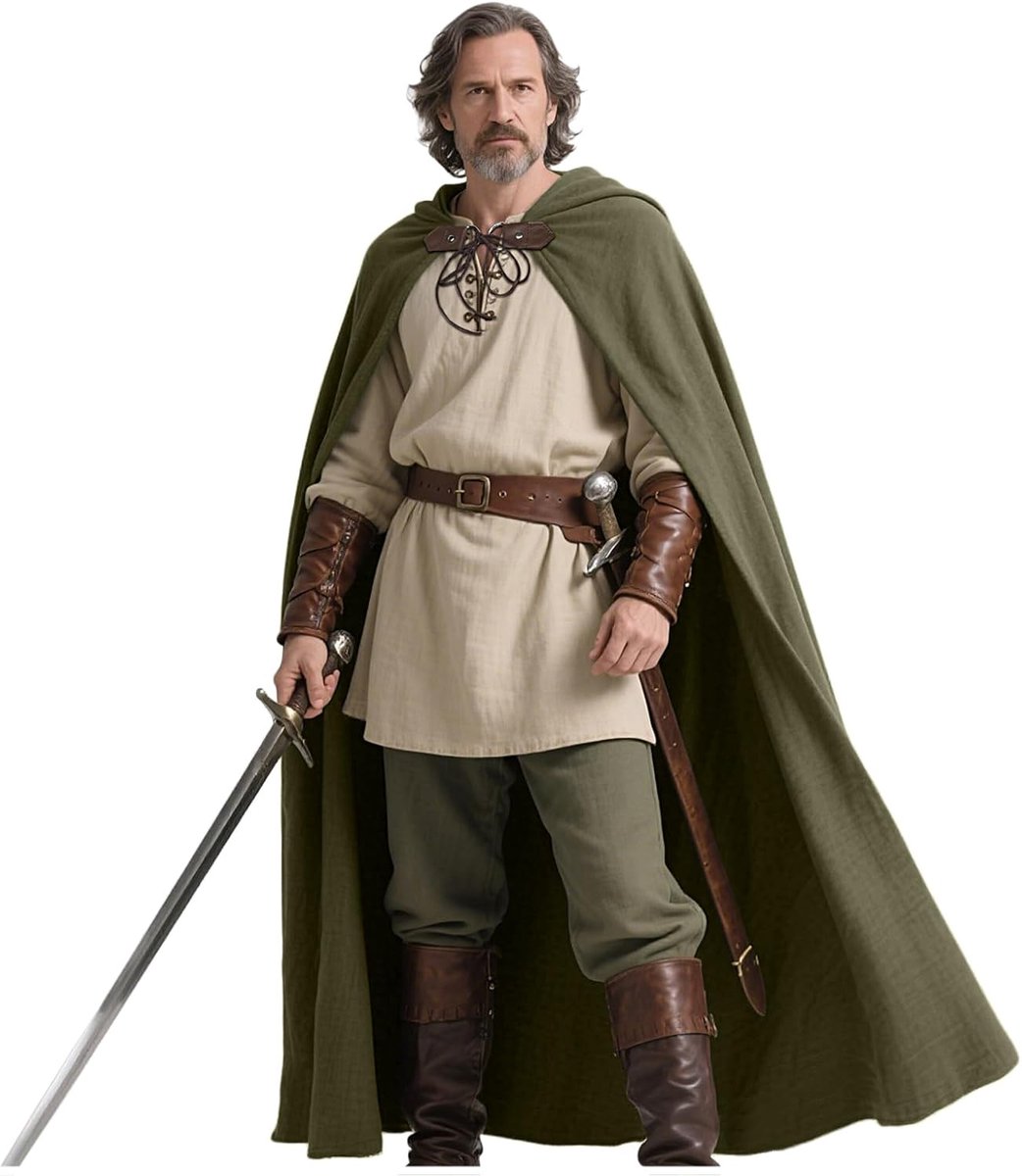 keland Middeleeuwse cape met capuchon, linnen, renaissance, voor dames en heren, Halloween (groen-1)
