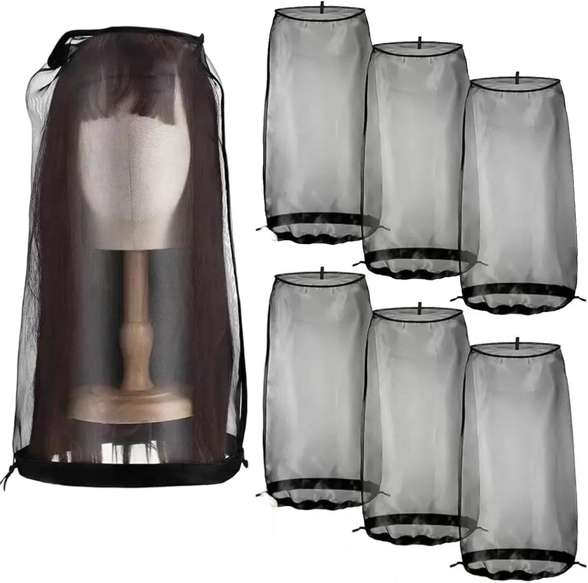 6-Stuks Pruik Stofhoezen 50 cm Grote Transparante Organza Opbergzakken met Trekkordel, Ademend & Stof- en Vochtbestendig, Reizen Organizer voor Korte en Lange Krullende Pruiken