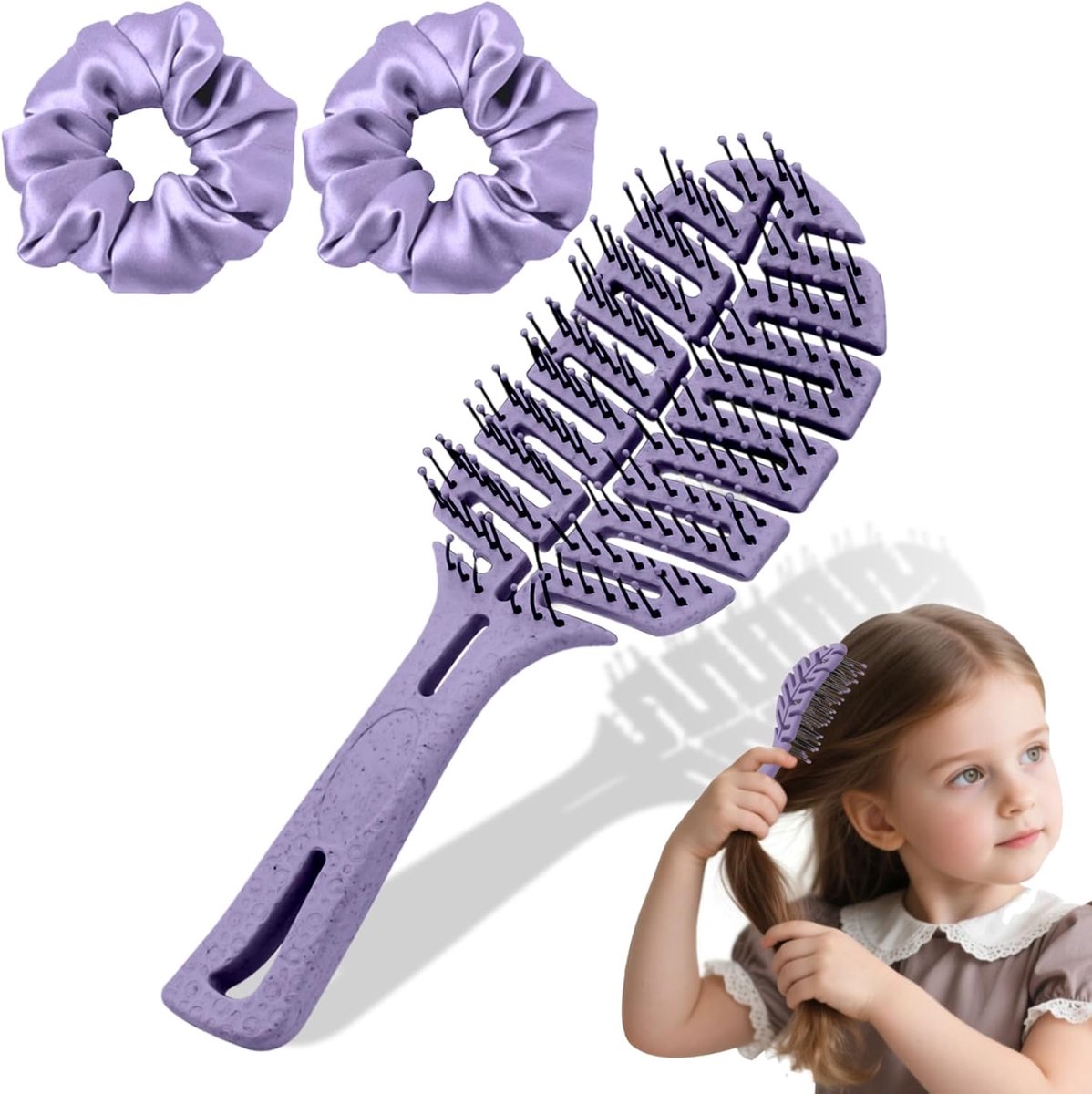 zonder trekken, paarse ontwarringsborstel voor meisjes incl. 2 zijdeachtige haarelastiekjes – Leaf Design Detangler Brush – anti-trekborstel voor fijn en krullend haar