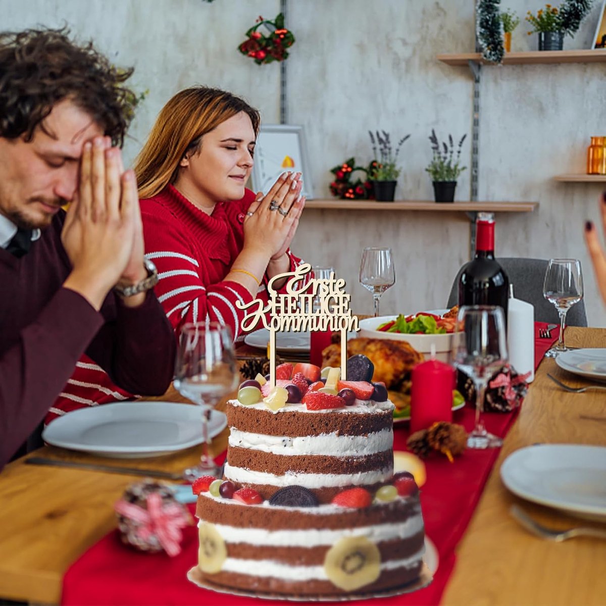 Topper "Eerste Heilige Communie" van hout, taartsteker, eucharistiegeschenken, eucharistiedecoratie