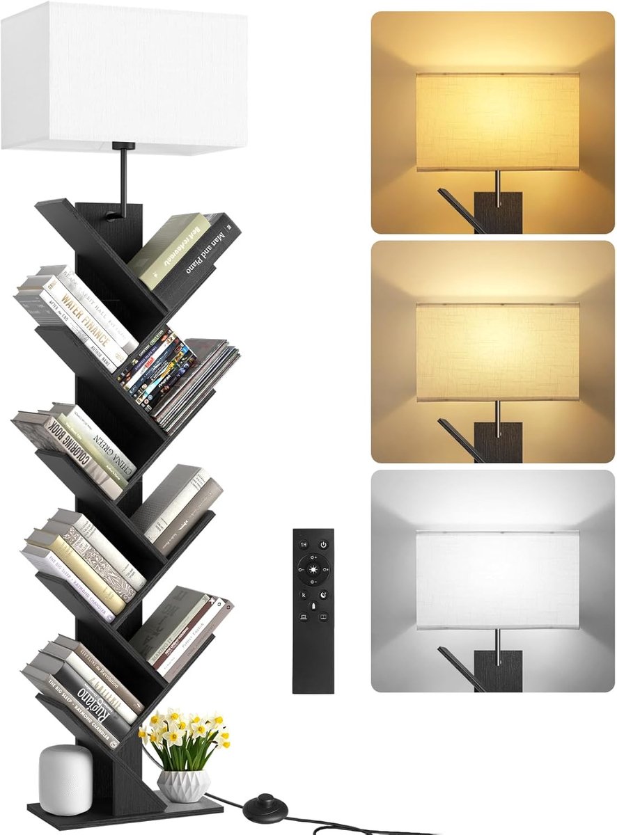 Boekenkast met Licht, 9 Lagen Hoekrek, Afstandsbediening & Timer, Smal Houten Staand Rek, Kleine Kast voor Boeken, CD's & DVD's, voor Woonkamer, Kinderkamer, Kantoo