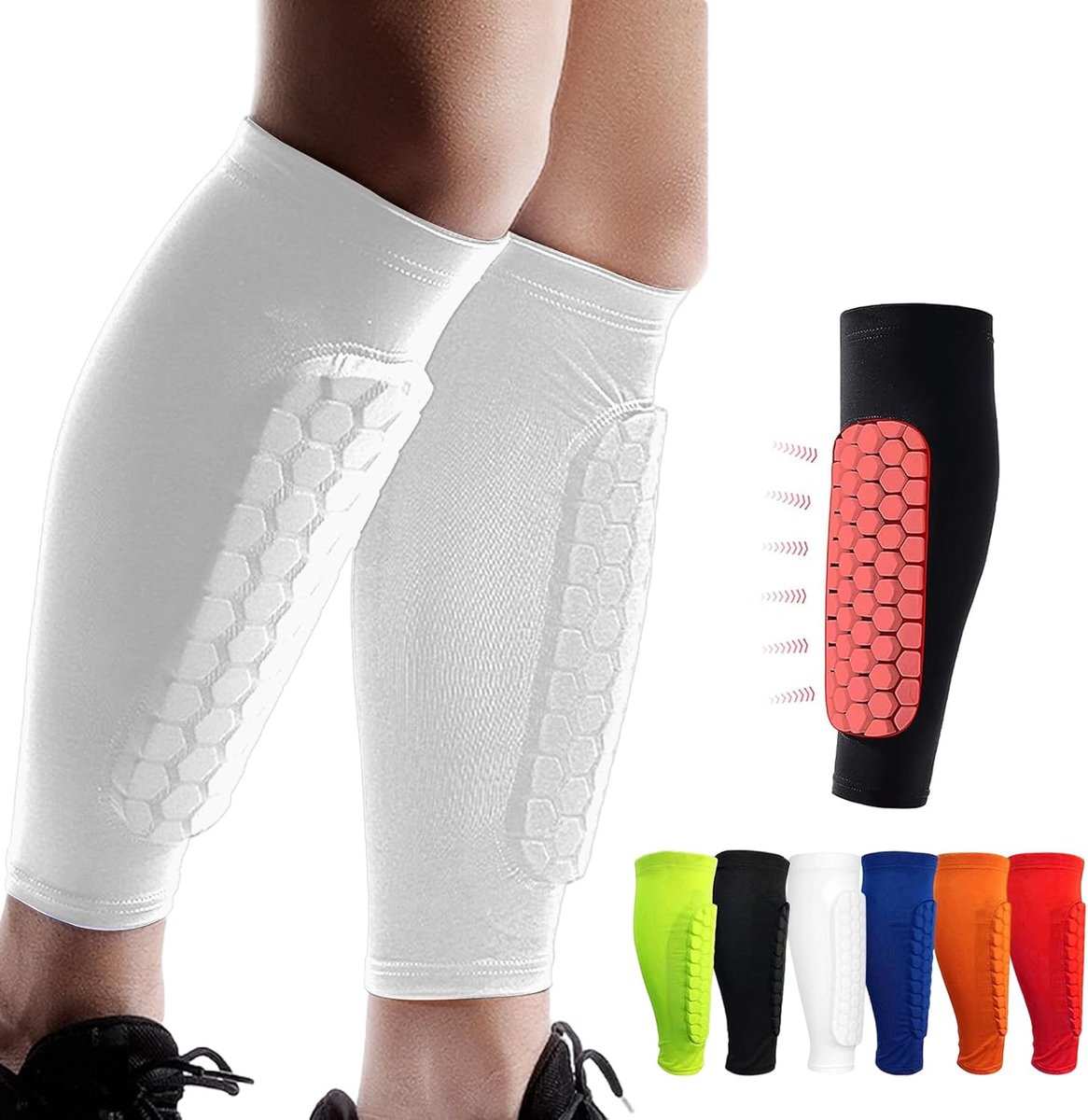 Shin Guards Pads, Honingraat Compressie Mouw Voetbal Scheenbeschermers voor Jongens, Tieners en Volwassenen, Voetbalverdediger Pads met Superieure Impact Absorptie, Lichtgewicht