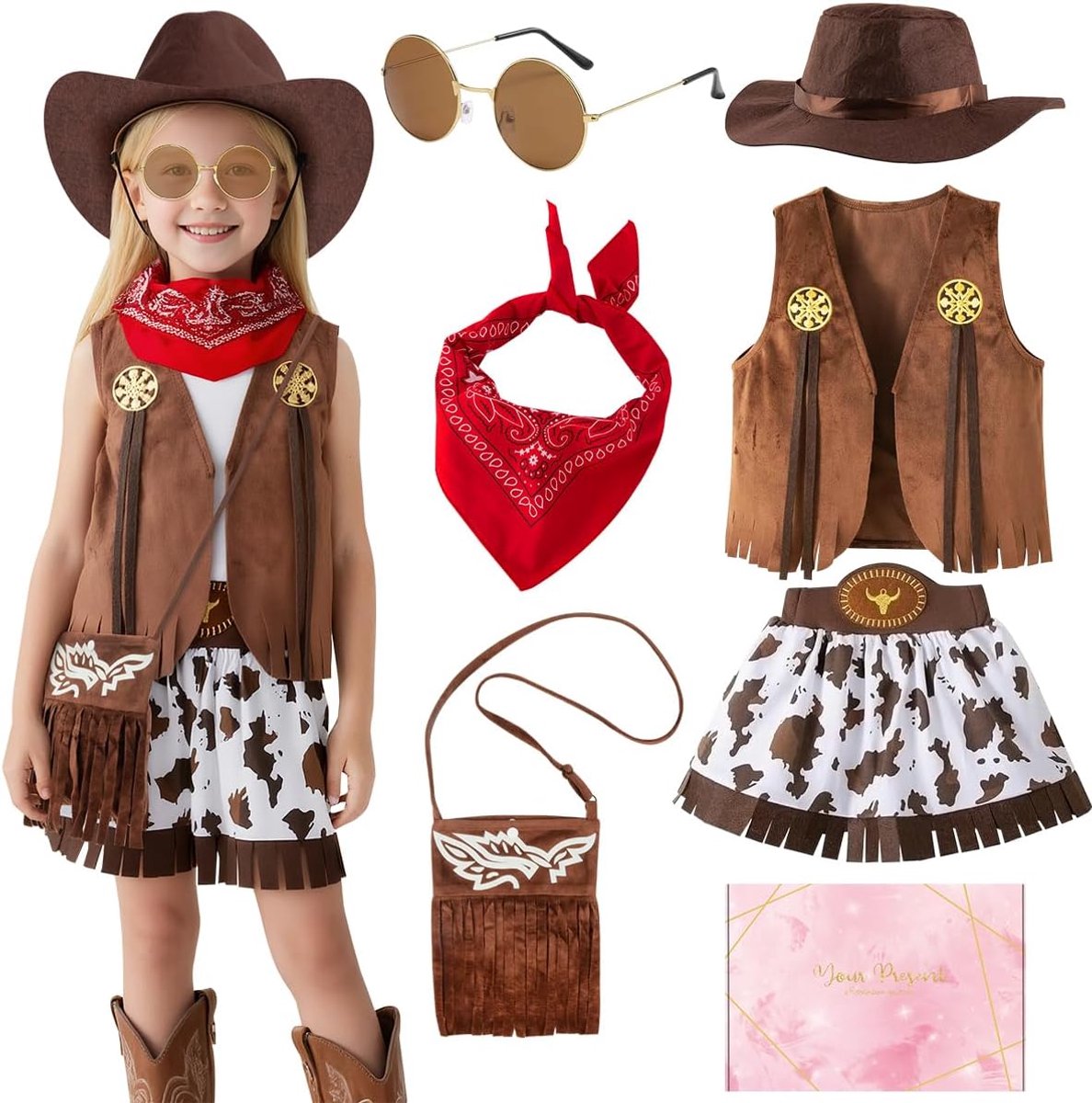 Cowgirl-kostuum voor meisjes, cowboykostuum voor kinderen, met cowboyhoed, bandana, vest, kleding, verkleedkleding voor meisjes, voor Halloween, carnaval, cosplay, party, verkleedpartij