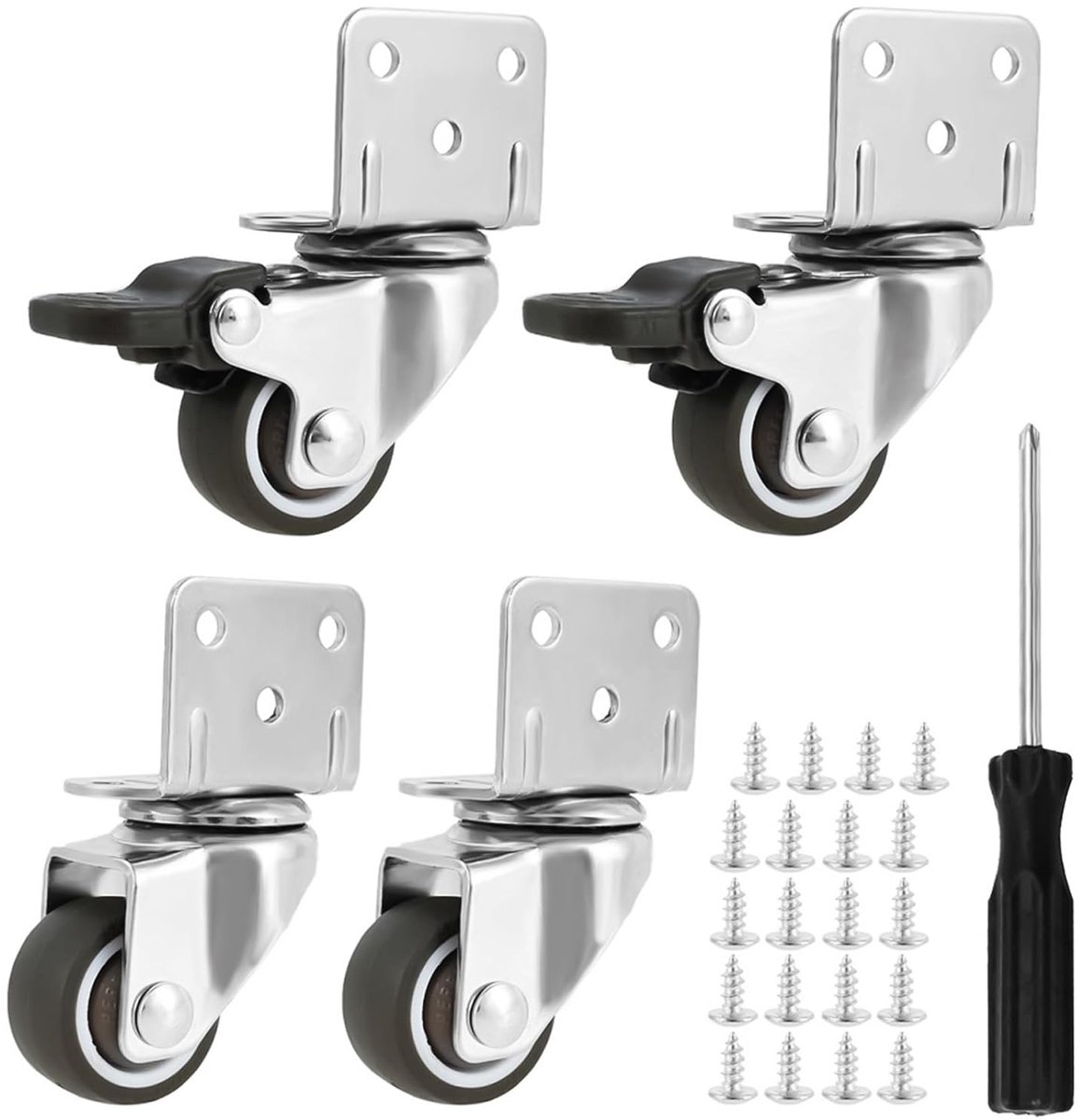 Set van 4 meubelwielen, 32 mm, transportwielen, zware wielen voor bureaus, kasten, gereedschapswagen, houten kisten, dempingsrubber, 2 met remmen en 2 zonder (32 mm)