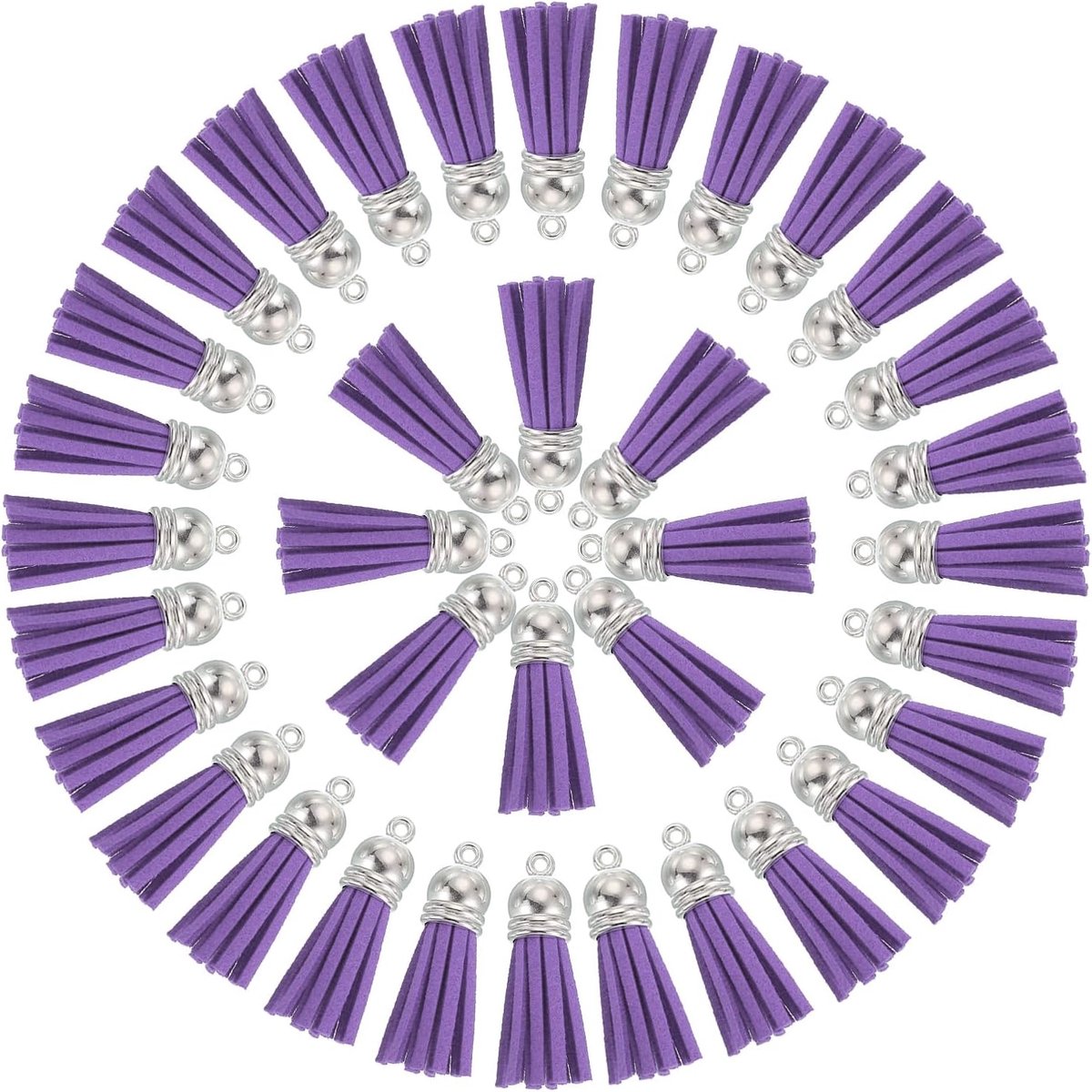 50 stuks kwastjes voor sleutelhangers, los voor handwerk, 1,5 inch leren pompon voor sleutelhangers, kwasthanger voor het maken van sieraden, doe-het-zelf sieraden, paars