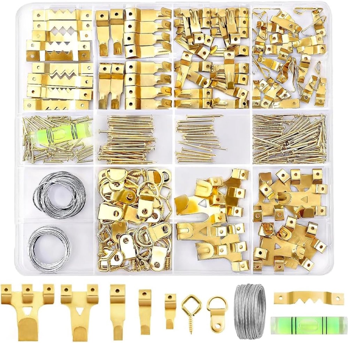 330 stuks foto opknoping kit, foto hangers, zware frame haken assortiment met foto draad, D ringen, hardware nagels, ooghaken, gouden zware frame haken voor frames montage
