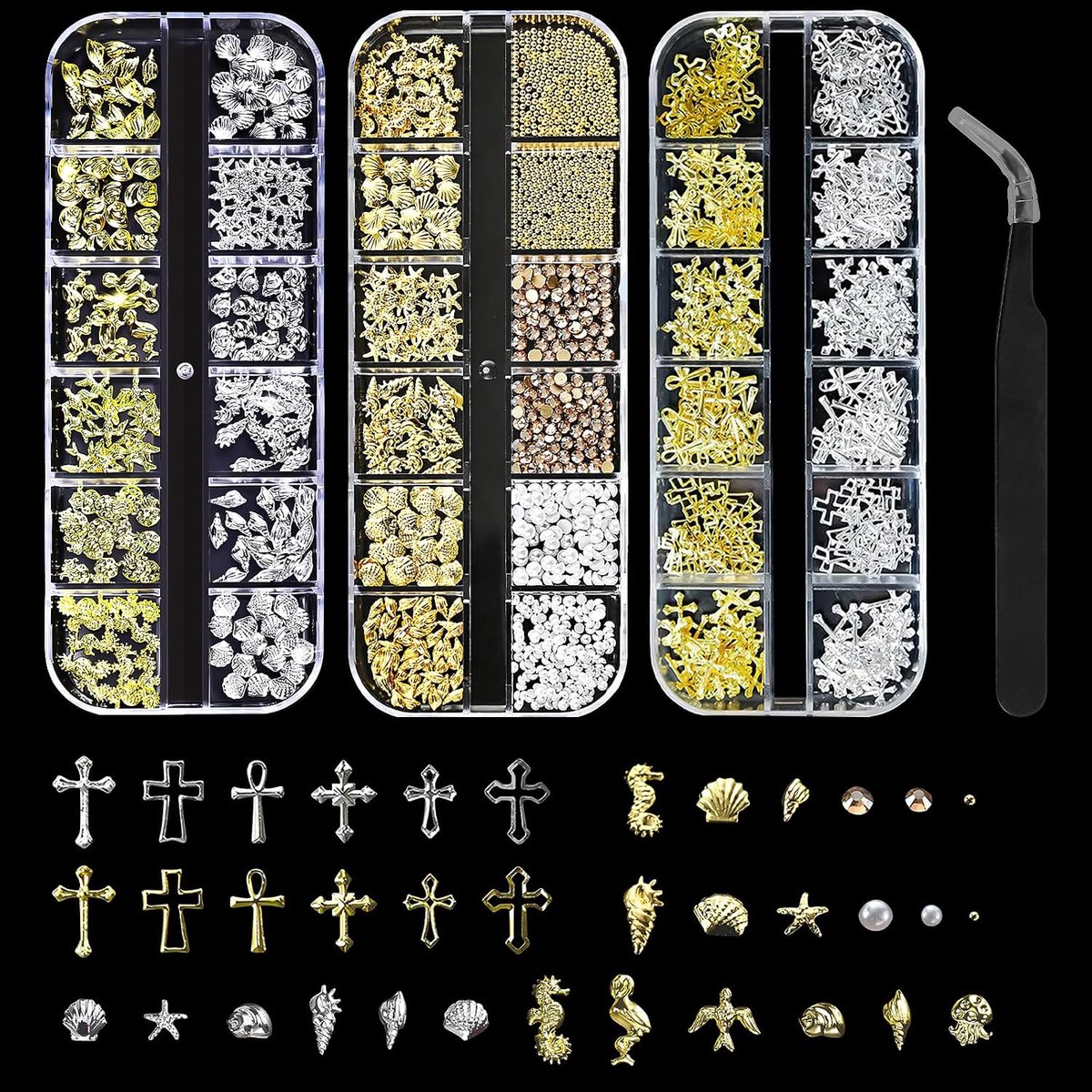3 doosjes nagelbedels, 36 soorten bedels, goud, zilver, oceananeten, nagelsieraad strand, oceaanthema, nagelstenen, nails art bedels voor vrouwen, nageldesign, accessoires